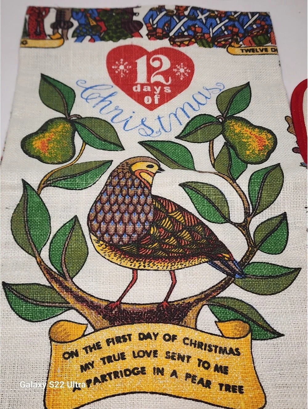 Vintage Tea and Pot Holder Linen Partridge In A Pear Tree 12 Days of Christmas